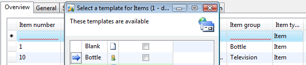 Select a template for Items form