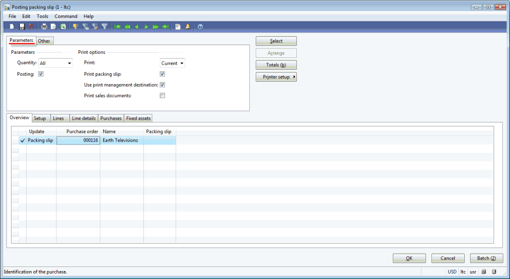 Posting packing slip form, Parameters tab | Dynamics AX Training