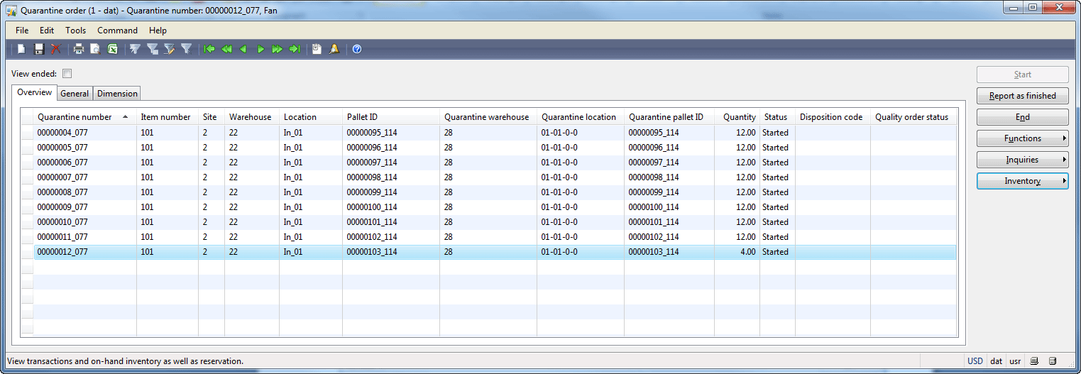 Quarantine order form Dynamics AX Training