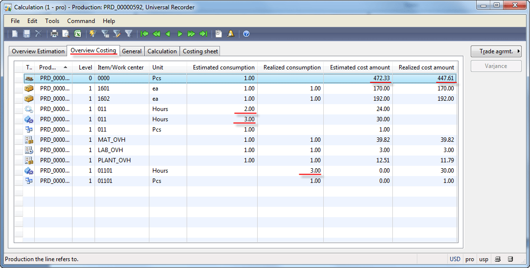 Calculation form, Overview Costing tab Dynamics AX Training