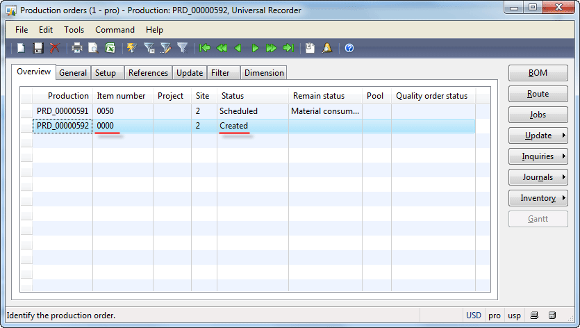  Production  orders  form Created Dynamics AX Training